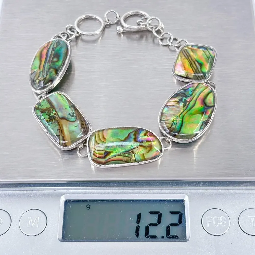 Vintage Sterling Silver 925 Abalone Link Bracelet 7”-8”